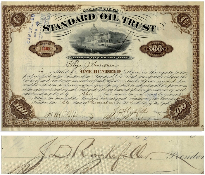 John D. Rockefeller Signed Stock Certificate for Standard Oil Trust -- Signed by Rockefeller as President in 1884